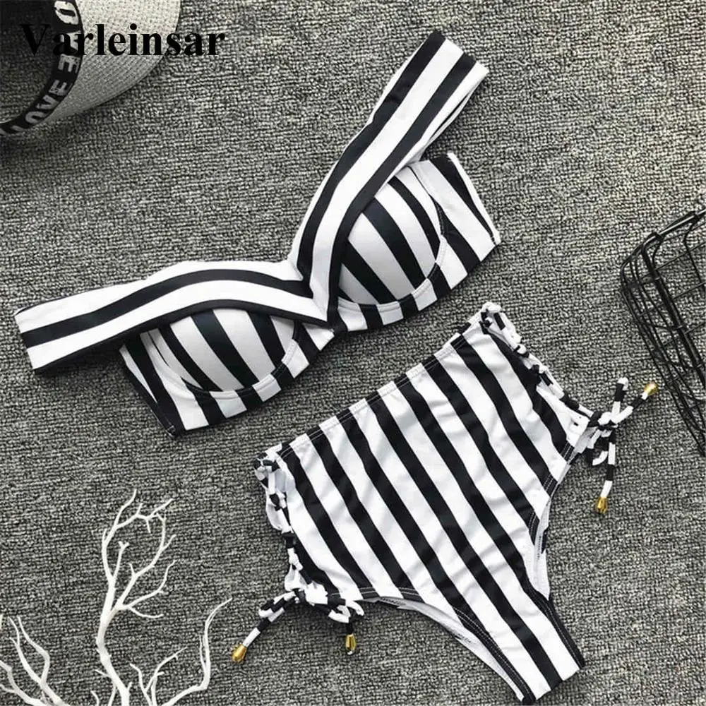 

NEW Off Shoulder Push Up Bikini High Waist Swimsuit 2019 Women Swimwear Two-pieces Bikini set Striped Bather Bathing Suit V1403B