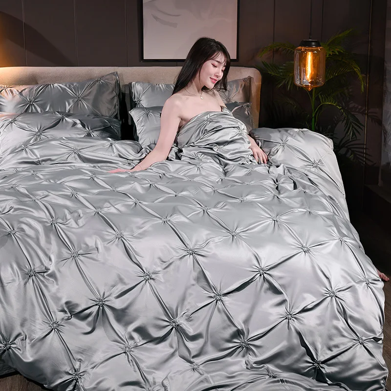 

Solid colors Silk flower Luxury Satin bedding sets Embroidery bed set double queen duvet cover bed sheet pillowcase