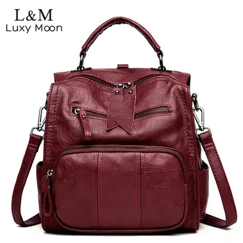 

Leather Women Backpack Zipper School Backpack For Teenager Girls Large Capacity Multifunction Vintage Backpacks Mochila XA240H
