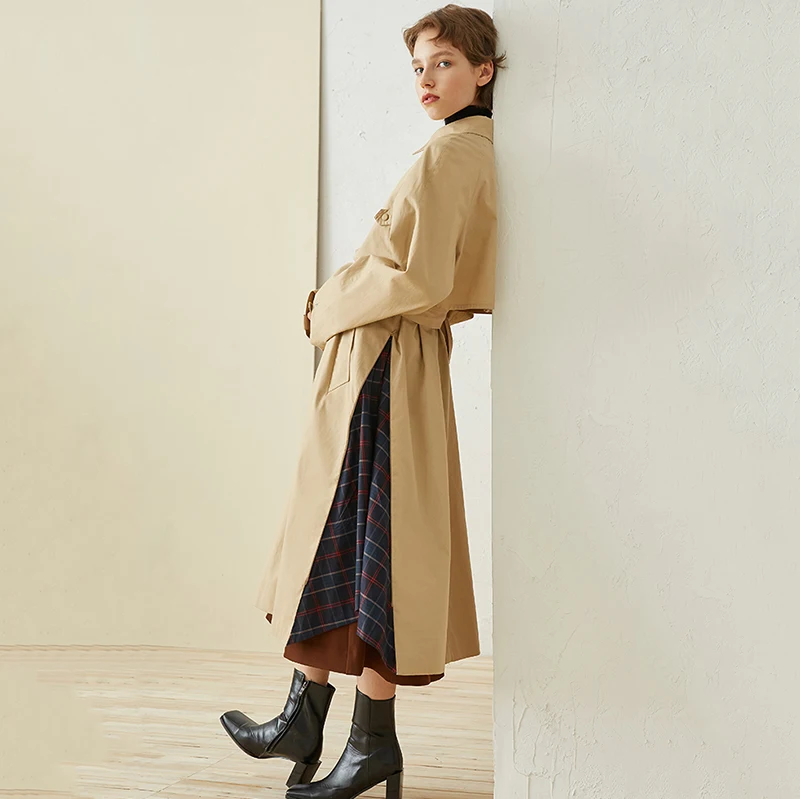 Khaki À Manches Nouveau Coupe Revers Ji314 Printemps Marée Longues vent 2019 Plaid Femmes Commune Kaki eam Veste Côté De Fendue Longue Mode wqI1x5XAn