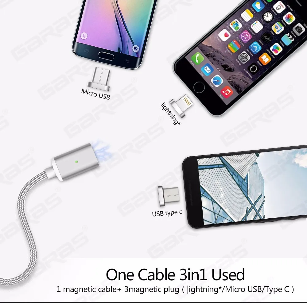 GARAS Магнитный кабель для iphone Micro Тип usb C 3in1 мобильного телефона Магнит кабель быстрой зарядки Магнитная Micro USB Кабель-адаптер