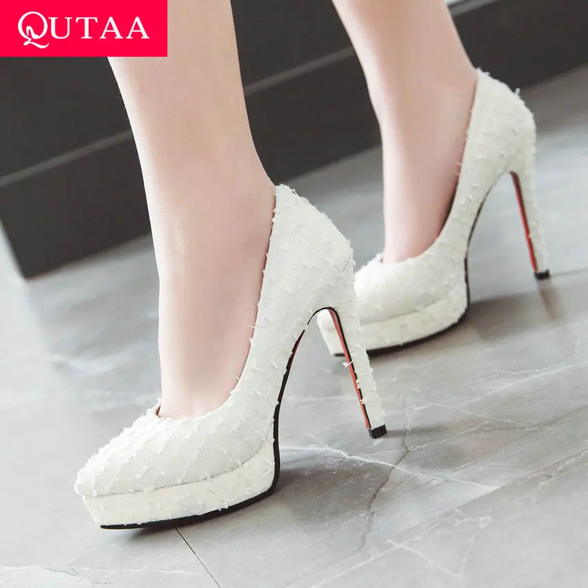 

QUTAA 2019 Women Pumps Thin Super High Heel Screening Special Fabrics Pointed Toe Ladies Sexy Single Shoes Platform3cm Size34-43