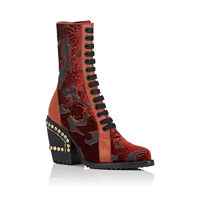 mollet À Carré Broder As Pic Conception Chaud Western Cuir Casual Femme Bottes Mi Lacets Talons Automne Haute D'hiver Chaussures En UHnOxvYv