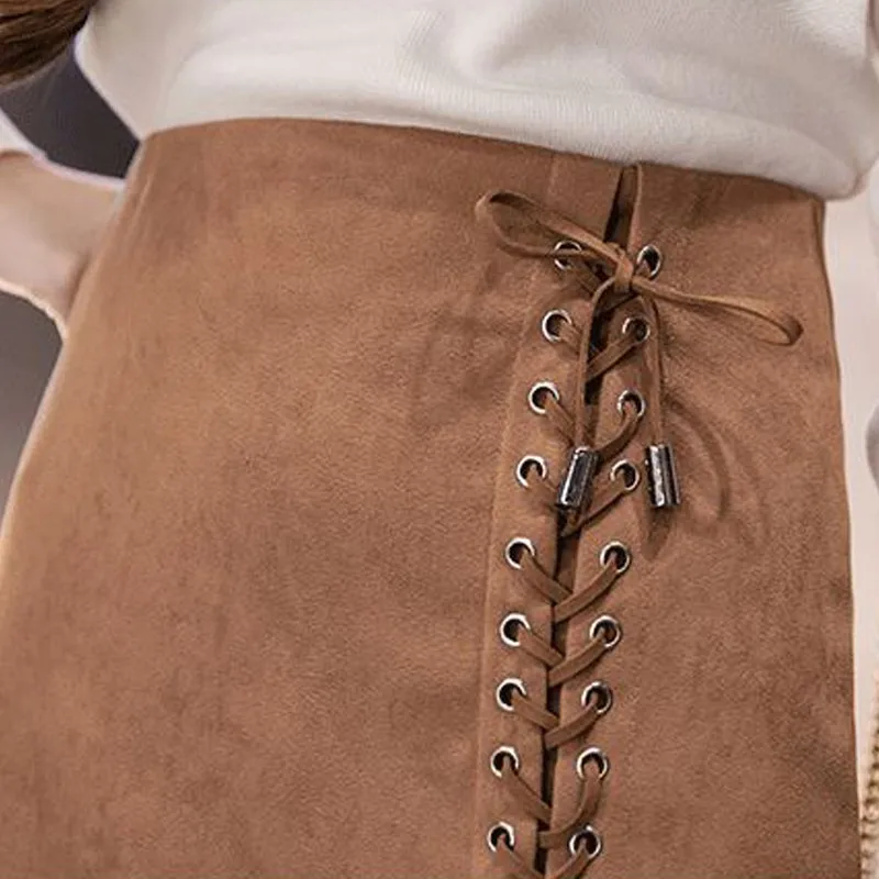 2018 Summer High Waist Faldas Mujer Lace-up Skirts Jupe Femme Lace Up Skirts Women Skirts Black Mini Suede Skirt For Women H0015 Skirts