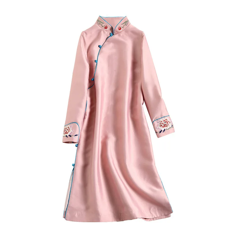 Розовое традиционное короткое китайское платье Mujer Vestido женское атласное Qipao миди Чонсам вышивка цветок размера плюс XS, S, M, L, XL, XXL