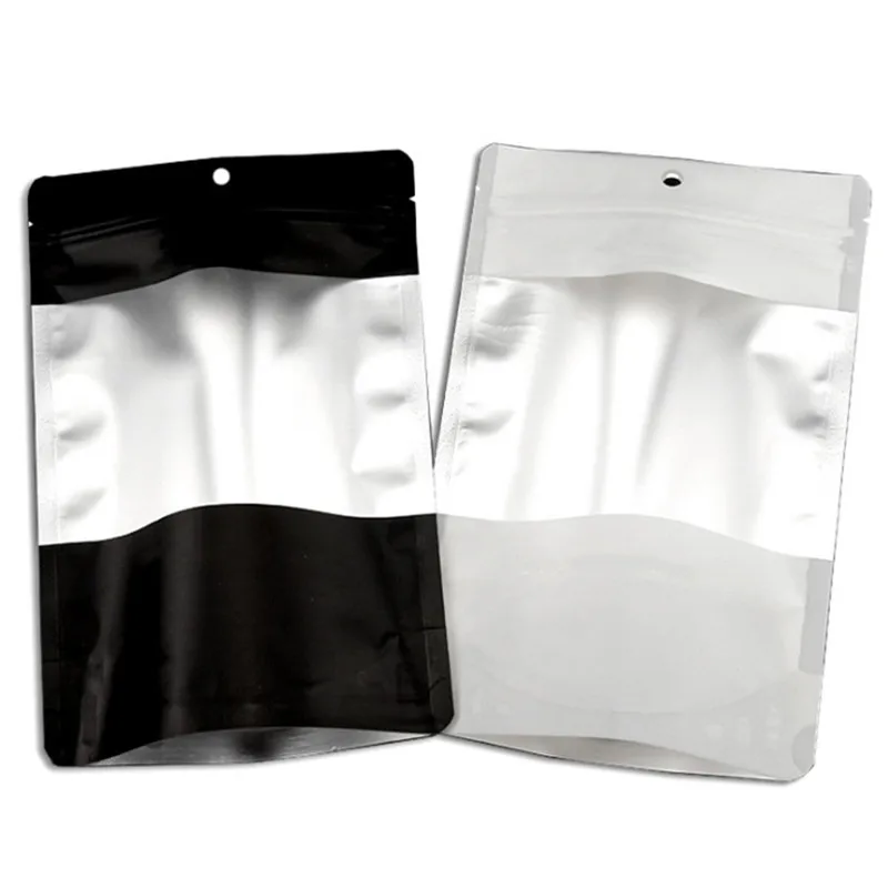 Wholesale 50pcs 14x21x4cm Matt Black/White Plastic Ziplock Packaging Bag Doypack Foil Frosted Coffee Powder Window Gift Pouches