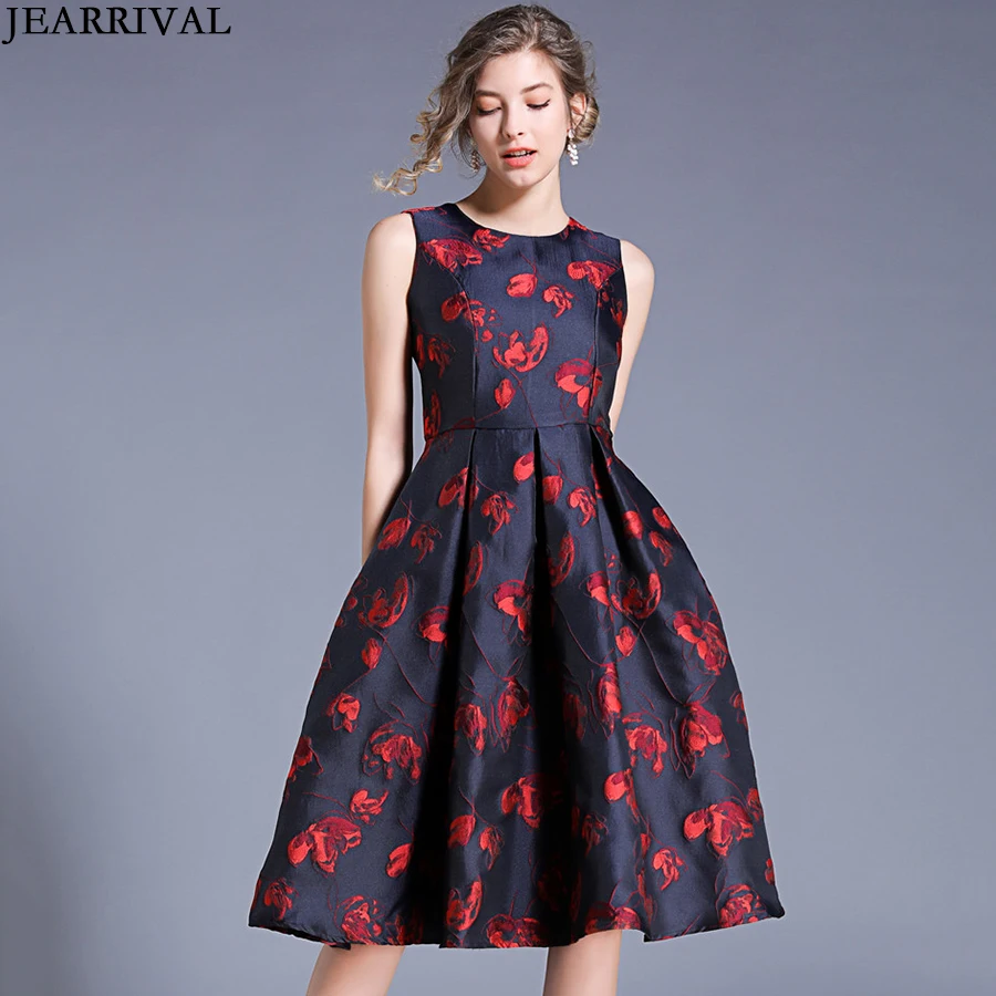 

JEARRIVAL Jacquard Summer Dress 2019 Designer Women Sleeveless O-Neck Slim A-Line Flower Print Vintage Party Dress Vestidos