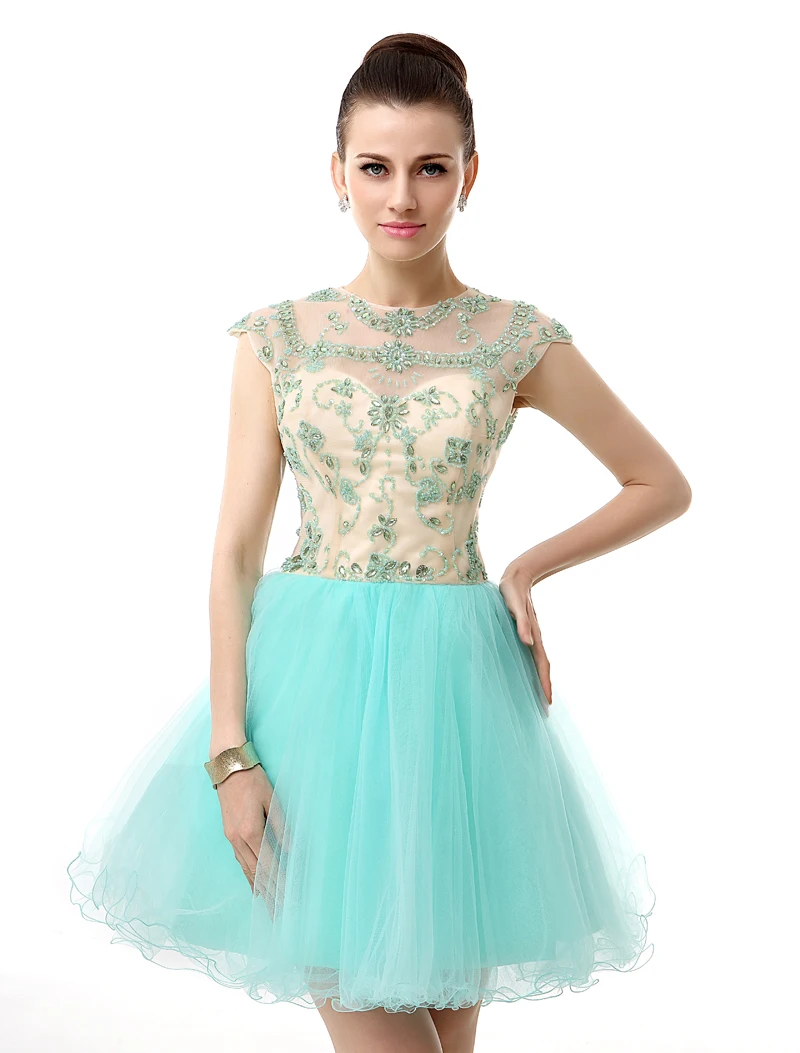 sequins cap sleeves knee length tulle A-line
