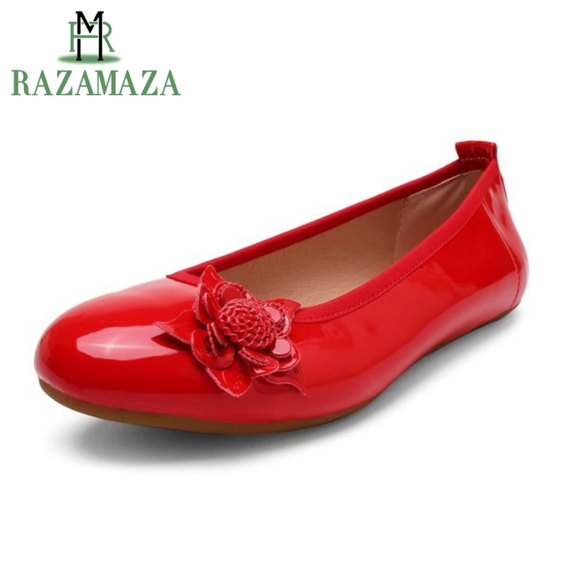 Verni Fleur Bout Chaussures En Cuir Rond Femmes 40 Razamaza Taille Ballerines Appartements rouge Rose 35 nAxWU4Zp