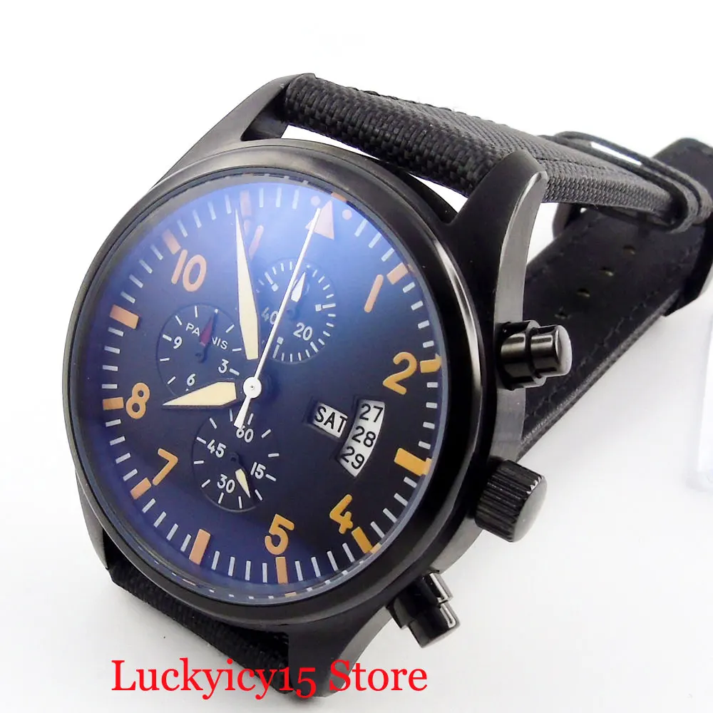 

PARNIS Brand Quartz Men's Watch Chronograph Function 42mm PVD Case Leather Strap