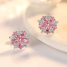 Роскошные 925 пробы серебряные серьги-гвоздики в виде цветка для женщин, розовые белые серьги с кубическим цирконием и кристаллами, ювелирные изделия Kolczyki Pendientes