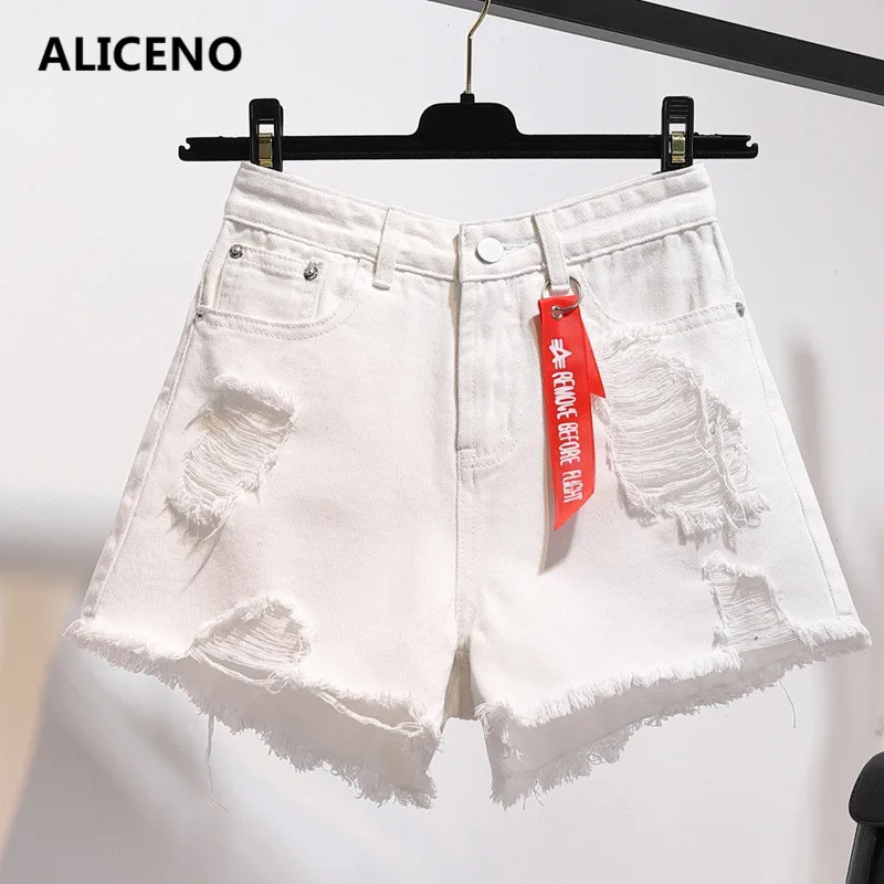 

ALICENO NEW 2019 Summer Women Loose Light Color White Shorts Jeans Hole Low Waist Shorts Casual Zipper Fly Clothes Short