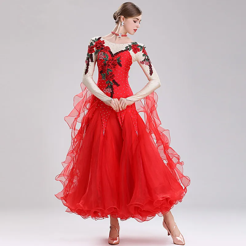

Lady's Ballroom Dance Dress Elastic embroidery Big Swing Dresses Women Latin Ballroom Waltz Competition Performance Costumes