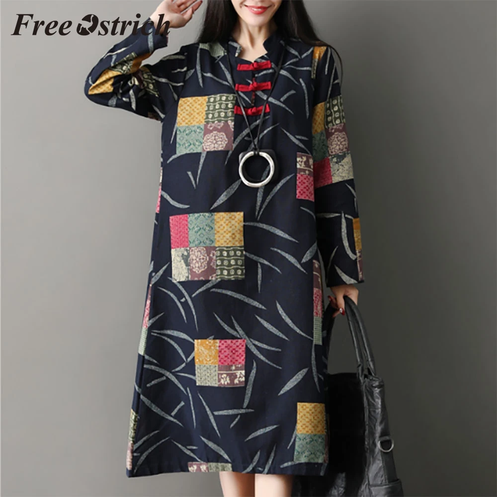 

Free Ostrich Hot Sales Women's Kaftan Cotton Long Sleeve Print Casaul Oversized Chinese Style Vintage Mandarin Collar Long Dress