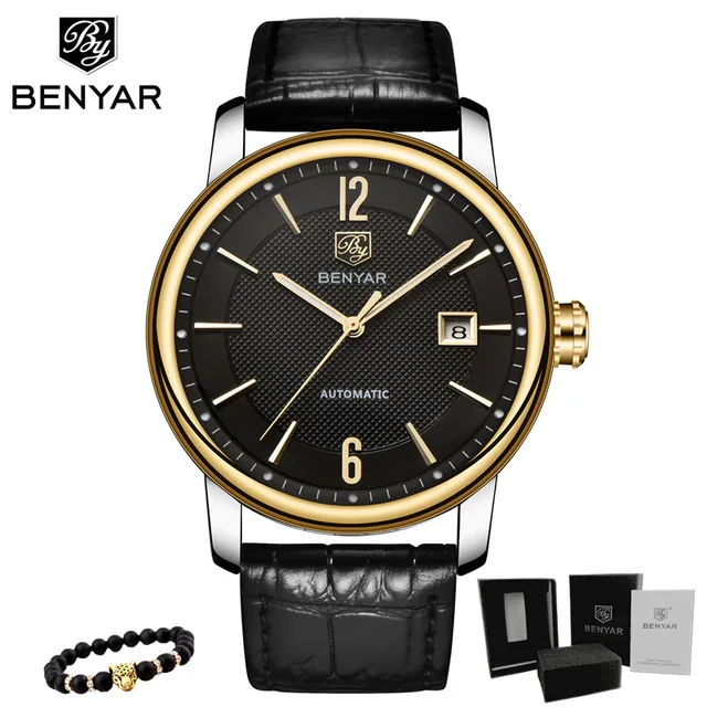 BENYAR 2020 New Fashion Top Luxury Brand Leather Watch Automatic Men Wristwatch Men Mechanical Steel Watches Relogio Masculino Leather-Gold black
