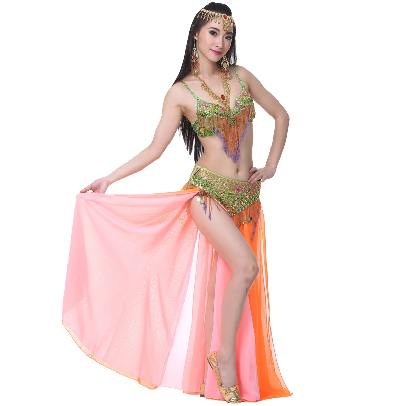 Новинка, юбка для танца живота, индийский танец, комплект из 3 предметов(бюстгальтер+ пояс+ юбка), танец живота, зеленая/оранжевая одежда, сексуальный комплект для танца живота