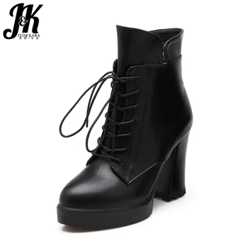 

JK 2018 Winter High Heels Women Ankle Boots Round Toe Lace Up Pu Footwear Short Plush Fashion Ladies Shoes Autumn Platform Boots