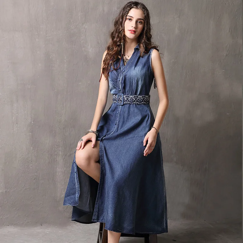 Summer Long Denim Dress Women Vintage Sleeveless Jeans Dresses Pleated Casual Denim Dress Vestidos Length Denim Dress