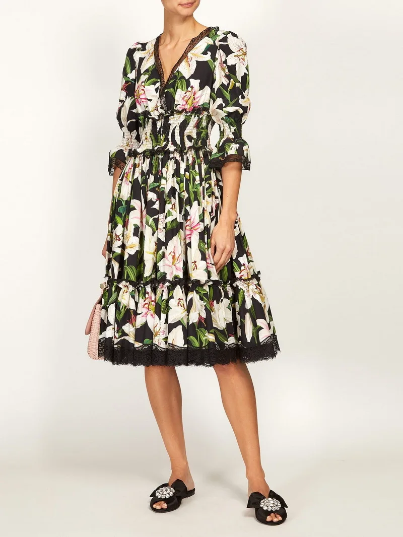 

Europe and America women's half sleeves dress 2019 summer runways floral print V neck dress A428