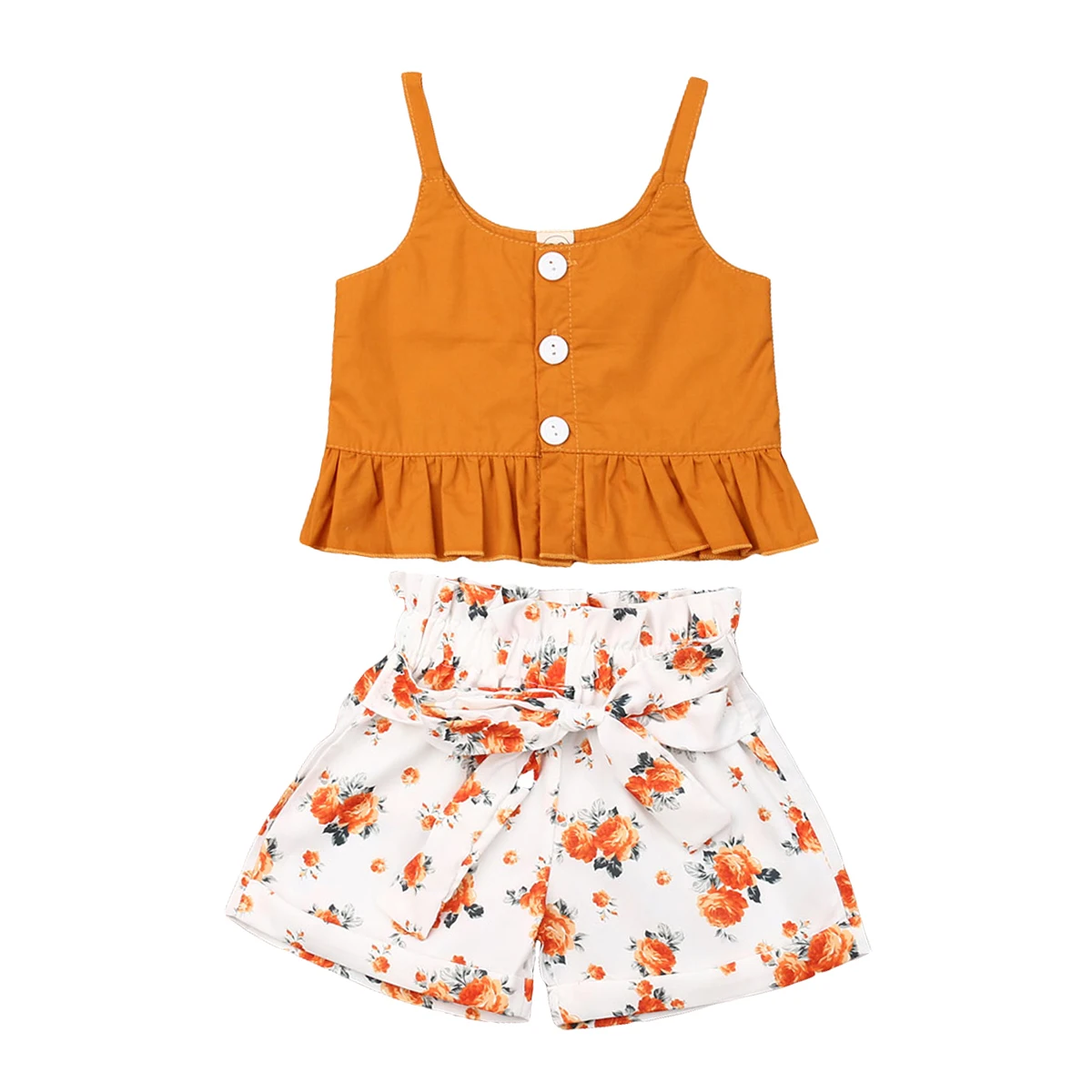 

Toddler Kid Baby Girl Summer Holiday Clothes Sets Solid Sleeveless Vest Tops+Flowers Print Ruffles Shorts 6M-4Y