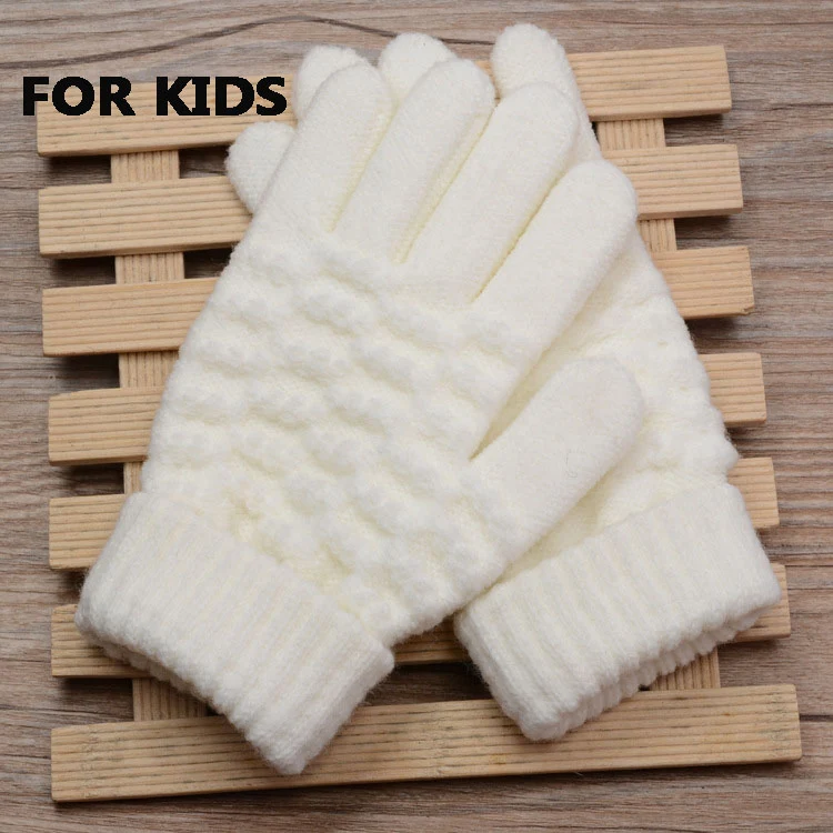 Новые модные детские толстые вязаные перчатки, теплые зимние перчатки, Детские тянущиеся варежки для мальчиков и девочек, однотонные перчатки, аксессуары для рук - Цвет: Kids White