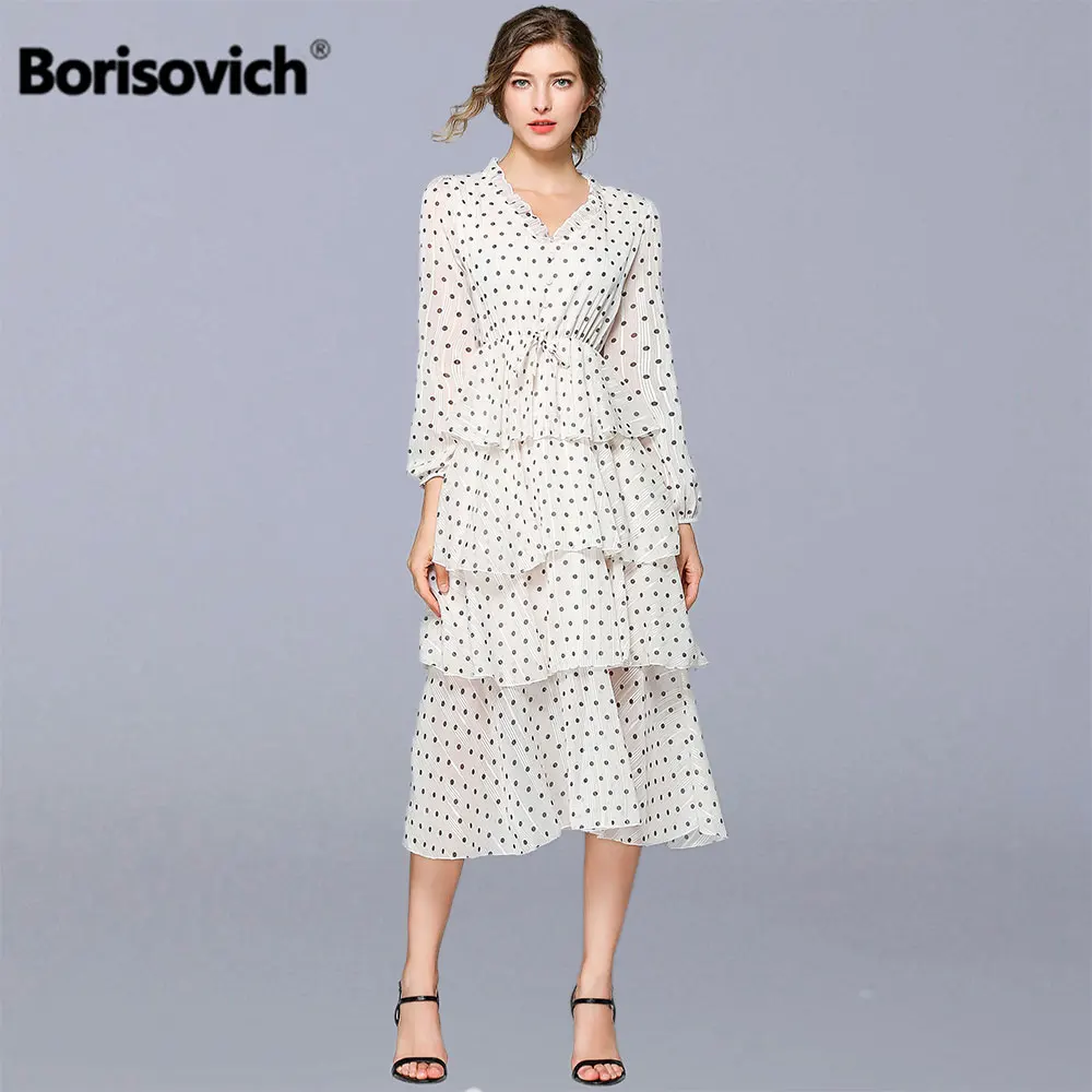 

Borisovich Women Elegant Party Dress New 2019 Fashion Polka Dot Cascading Ruffle Elegant A-line Female A-line Long Dresses N1215
