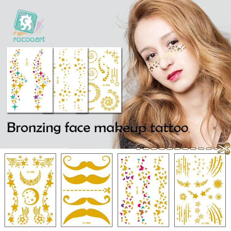 

VS Series 10 Piece Hot Flash Gold Metallic Tatoo Temporary Sexy Women Face Makeup Body Art Jewelry Tattoo Sticker Design.
