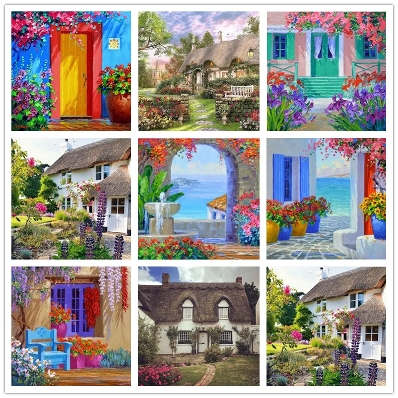 Needlework Embroidery 5D DIY Diamond Painting Cottage Villa Square Picture Cross Stitch Round Rhinestone Room Decoration Art