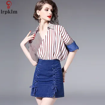 

Summer Women's Striped Splice Five Sleeves V-Neck Tops + Denim Short Skirt Europe-America Fashion Women's Clothing CH110