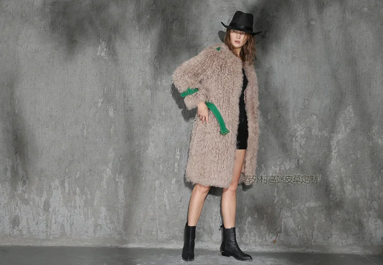 Новая модная Натуральная монгольская овечья шерсть/флисовая меховая вязаная шуба зеленого цвета длинная стильная с карманами