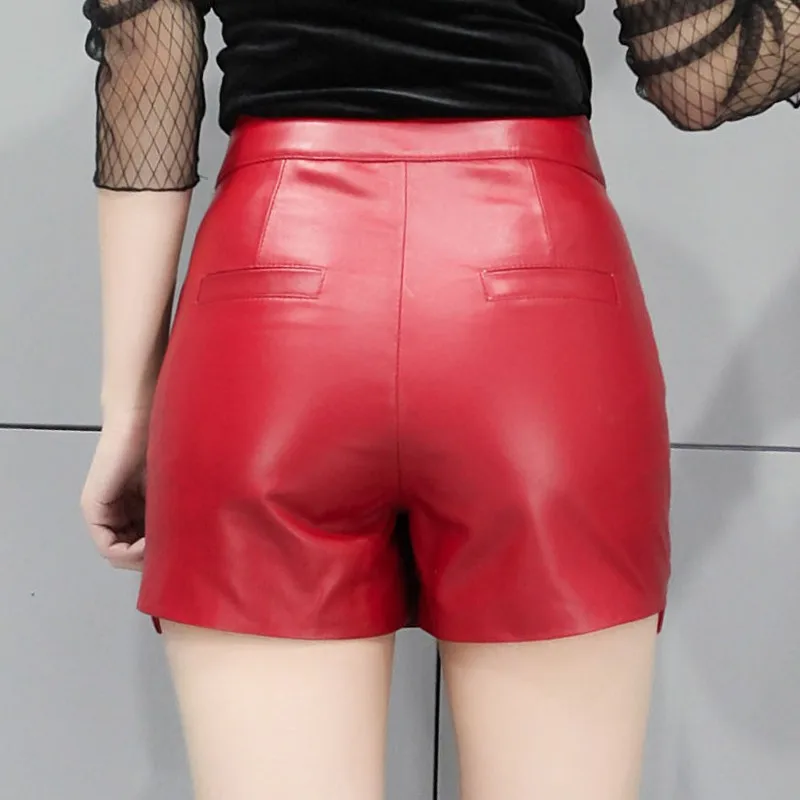 Красные женские овчины шорты из натуральной кожи юбки Slim Fit панк плащ с карманами короткие Высокое Качество Кожи Мотоциклетные шорты юбки