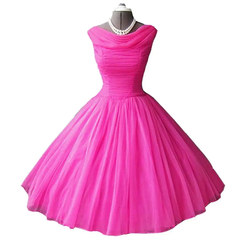 Tulle High Collar Knee length Fold Ball Gown Fuchsia Simple Fashion | Свадьбы и торжества