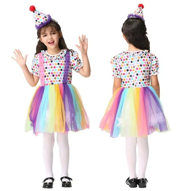 

New Year Little Girls Colorful Voile Mesh Rainbow Dress Beautiful Child Carnival Halloween Pumpkin Cosplay Baby Clown Costume