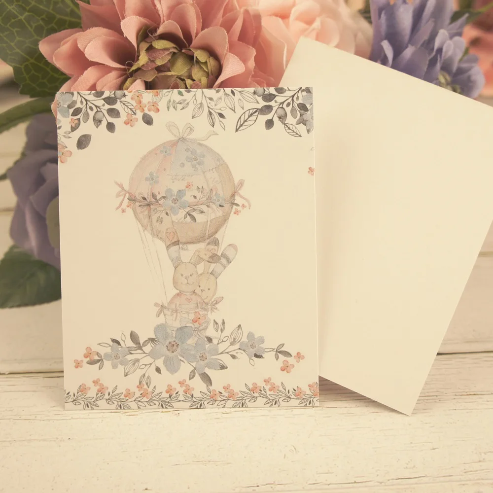 

multi-use 50pcs Mini rabbit with friend in hot air balloon style Scrapbooking party invitation DIY Decor gift party card