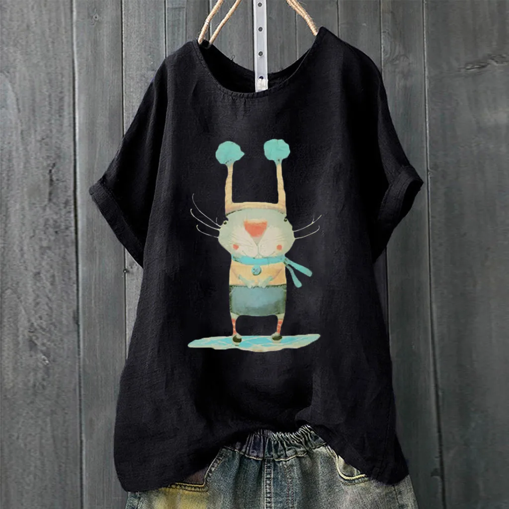 

Feitong Women Chemister Blouse Casual Summer Chemise Femme Loose Cute Animal Print Off Shoulder Blouse Short Sleeve Tops Femme