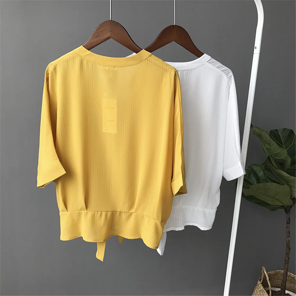 Short Style Loose Chest Women Blouse Shirt 2018 Summer V Neck Casual Short Shirt Chiffon Half Sleeve Dating Blouse campus Shirt (7)
