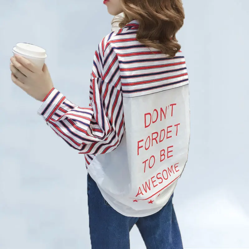 

2019 Summer Korean Nine Quarter Striped Letter Shirt Women Contrast Color Striped Printed Shirt Women Lapel Loose Large Size Top