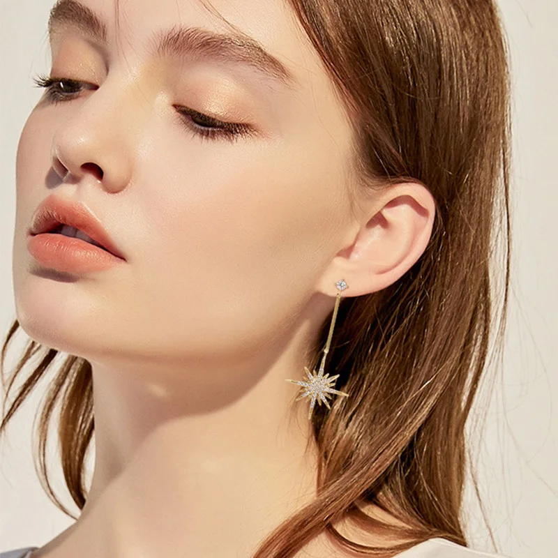 

2019 Korean Shiny Crystal Earrings For Women Girl Copper Star Pendant Asymmetry Earings Fashion Jewelry Gifts