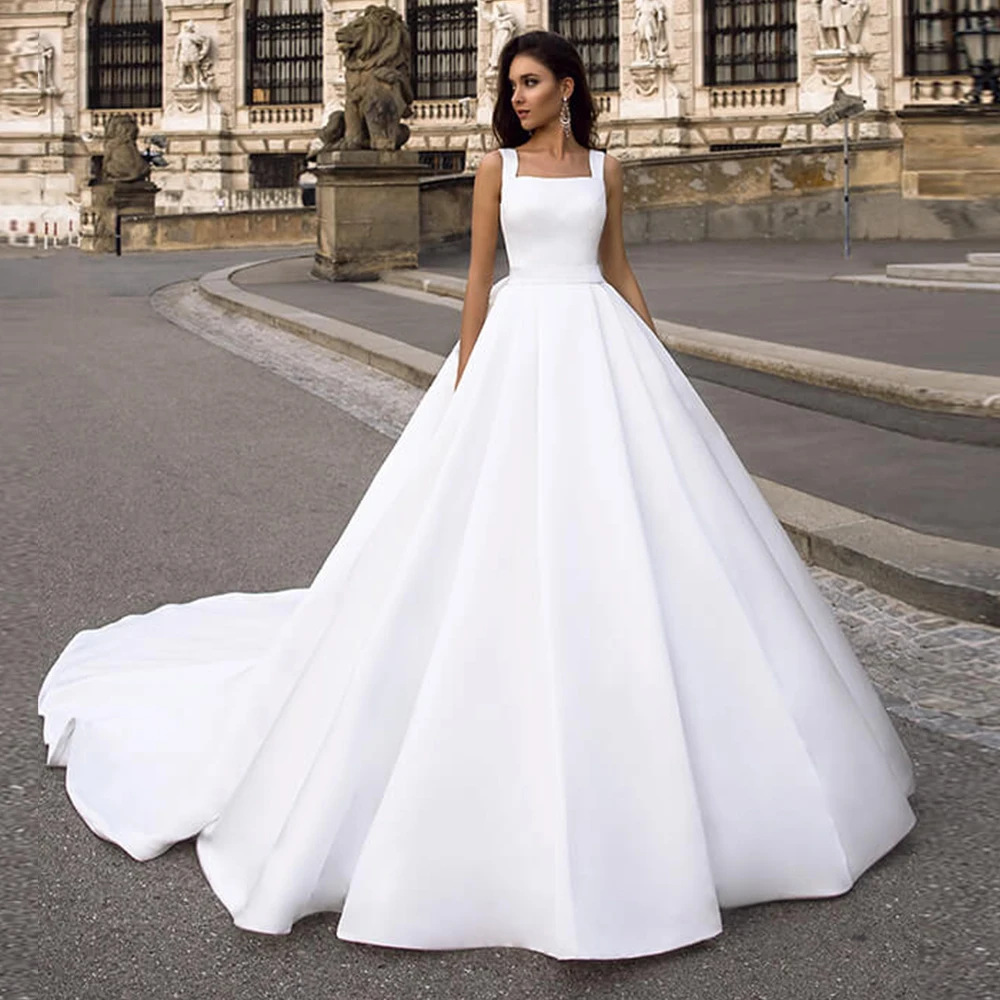Vestido de Noiva, бальное платье с открытыми плечами размера плюс, свадебное платье, белое сатиновое простое платье принцессы Hochzeitskleid