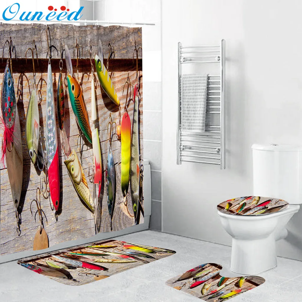 

Ouneed Shower Curtain set 4PCS anti-Slip sweets colorful pattern Toilet Polyester Cover Mat Set flowers Bathroom Shower Curtains