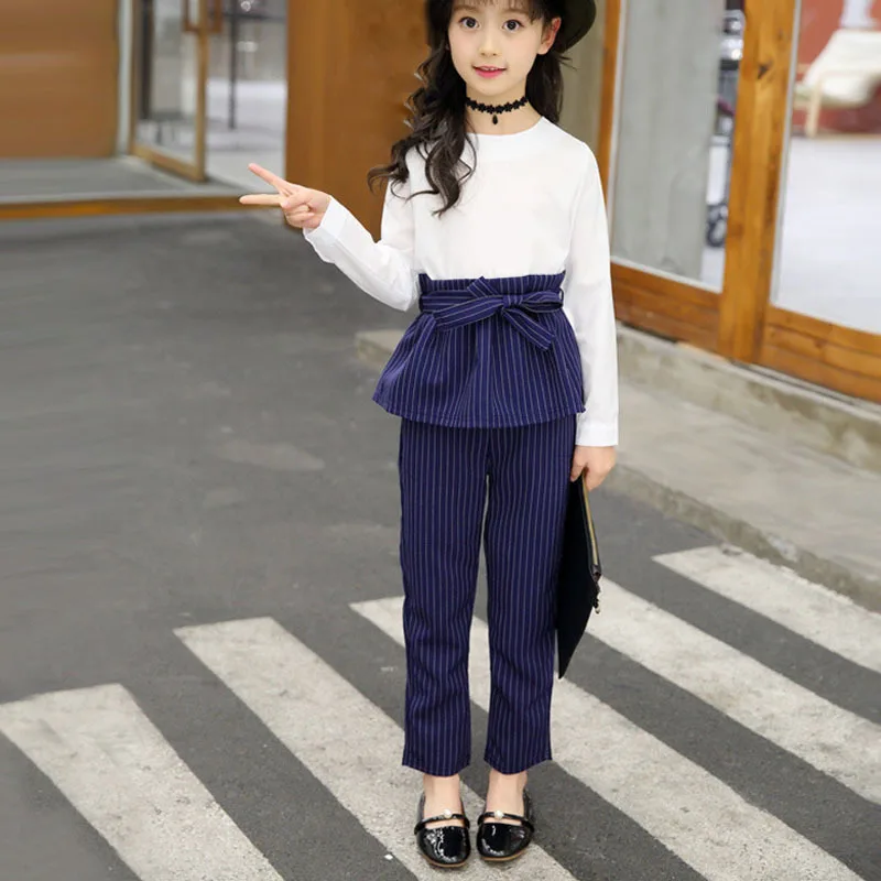 

Patchwork Little Girls Clothing Sets 2018 Fashion Girls Clothes Long Sleevet Shirts + Striped Pants 2Pcs Big Kids Fall Suits
