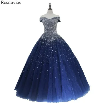 

Navy Blue Ball Gown Quinceanera Dresses 2020 Off Shoulder Lace-up Back Major Beading Princess Puffy Prom Party Dresses