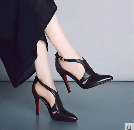 

Pointed toe sandals female small yards comfortable high thin heels genuine leather black sexy female all-match women's plus size