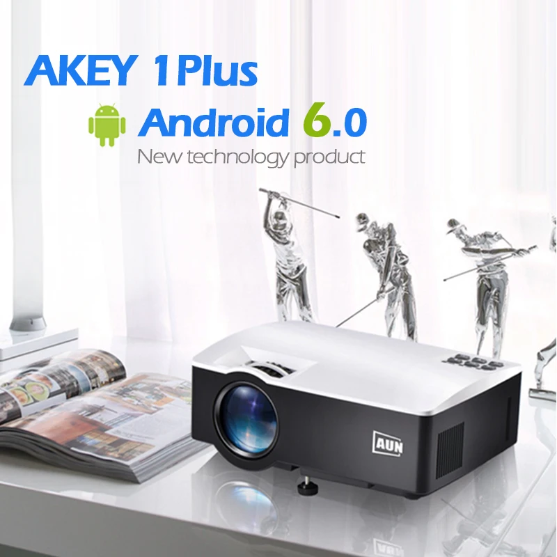 AUN LED Projector AKEY1 Plus, Built-in Android 6.0, WIFI, Bluetooth. 1800 Lumens Beamer Support 4K Vdeo 1080P for Home Theater