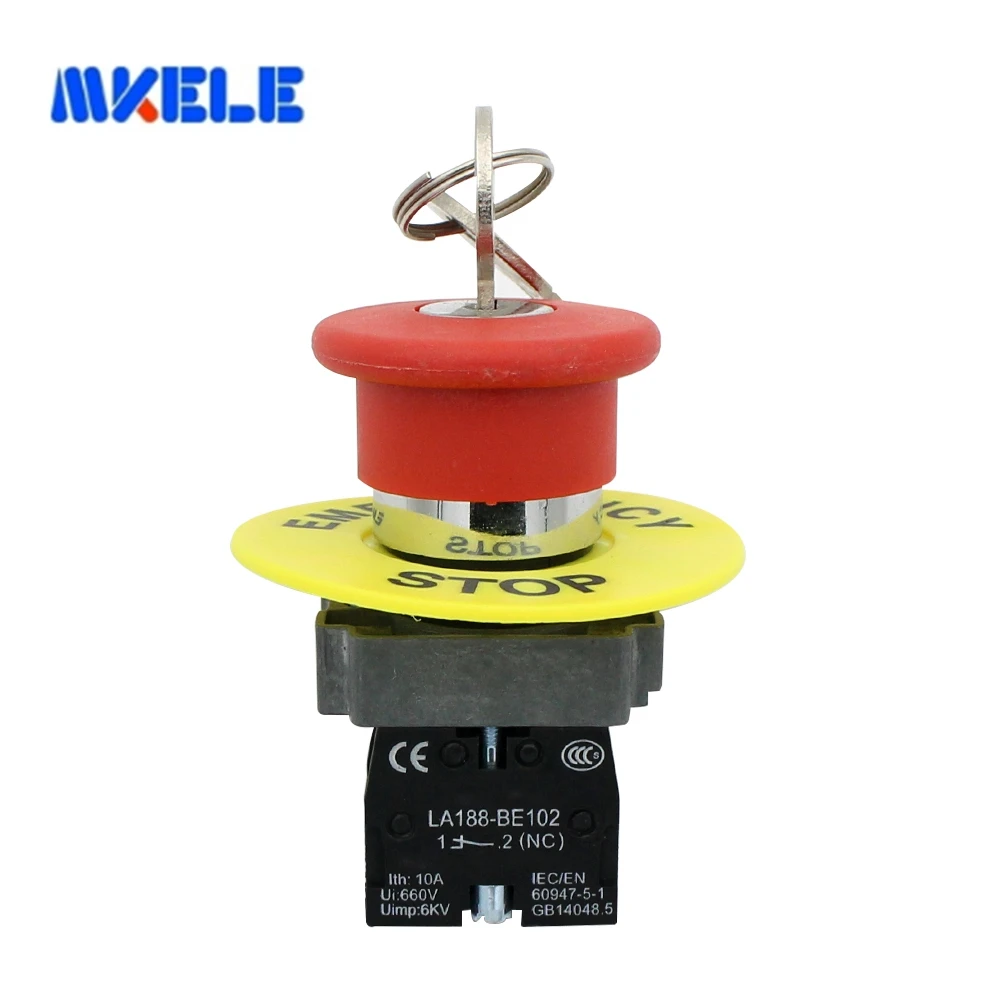

metal emergency stop mushroom head key switch LA188-BS142 key release Makerele
