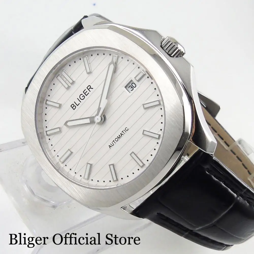 

BLIGER Luxury 39mm White Automatic Men's Watch With Date Indicator Leather Strap