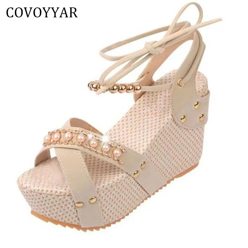 

COVOYYAR 2018 Bohemia Rhinestone Women Sandals Summer Fashion Beading Platform Wedge Women Shoes Ankle Strap Casual Shoes WSS545