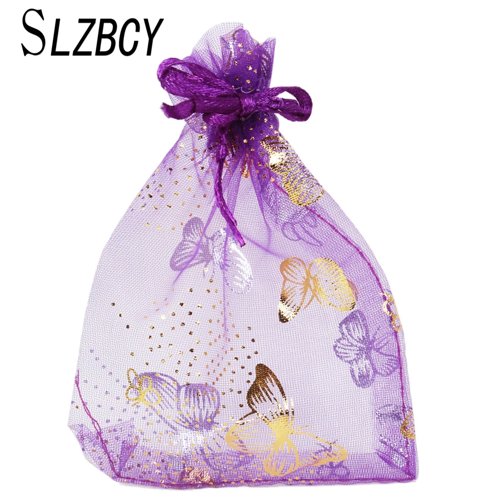 SLZBCY 50 шт. 9*12 см тянущиеся сумки из органзы с золотой бабочкой ювелирные изделия