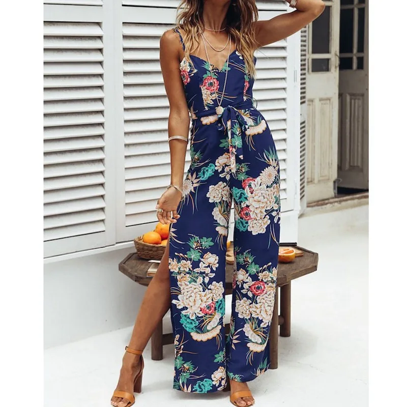

Women's Summer Bobo Sexy V Neck Party Jumpsuit Romper Floral Long Trousers
