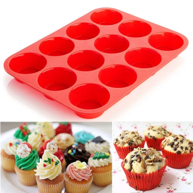 

12 Cup Silicone Muffin Cupcake Baking Pan Non Stick Dishwasher Microwave Safe Red silicon DIY Egg tart mold drop ship